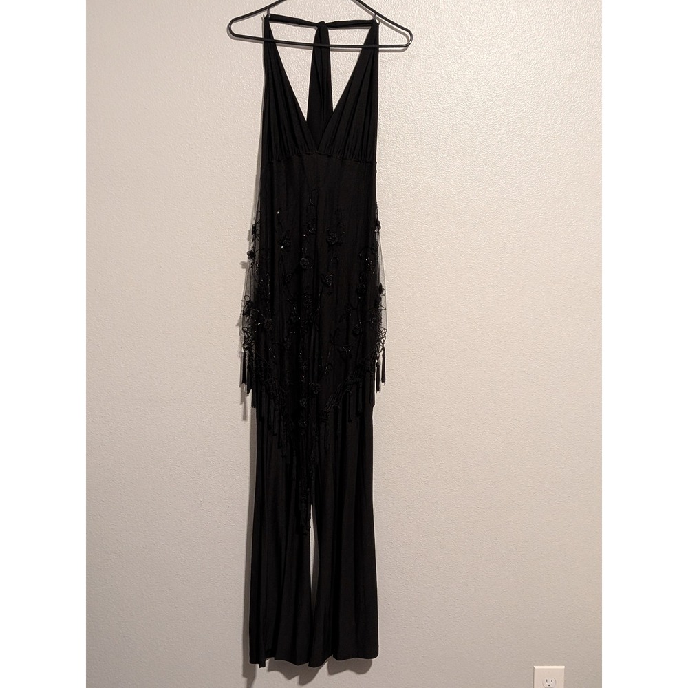 Sally Black Halter Jumpsuit XL Beaded Fringe Mesh Overlay Wide Leg 7002